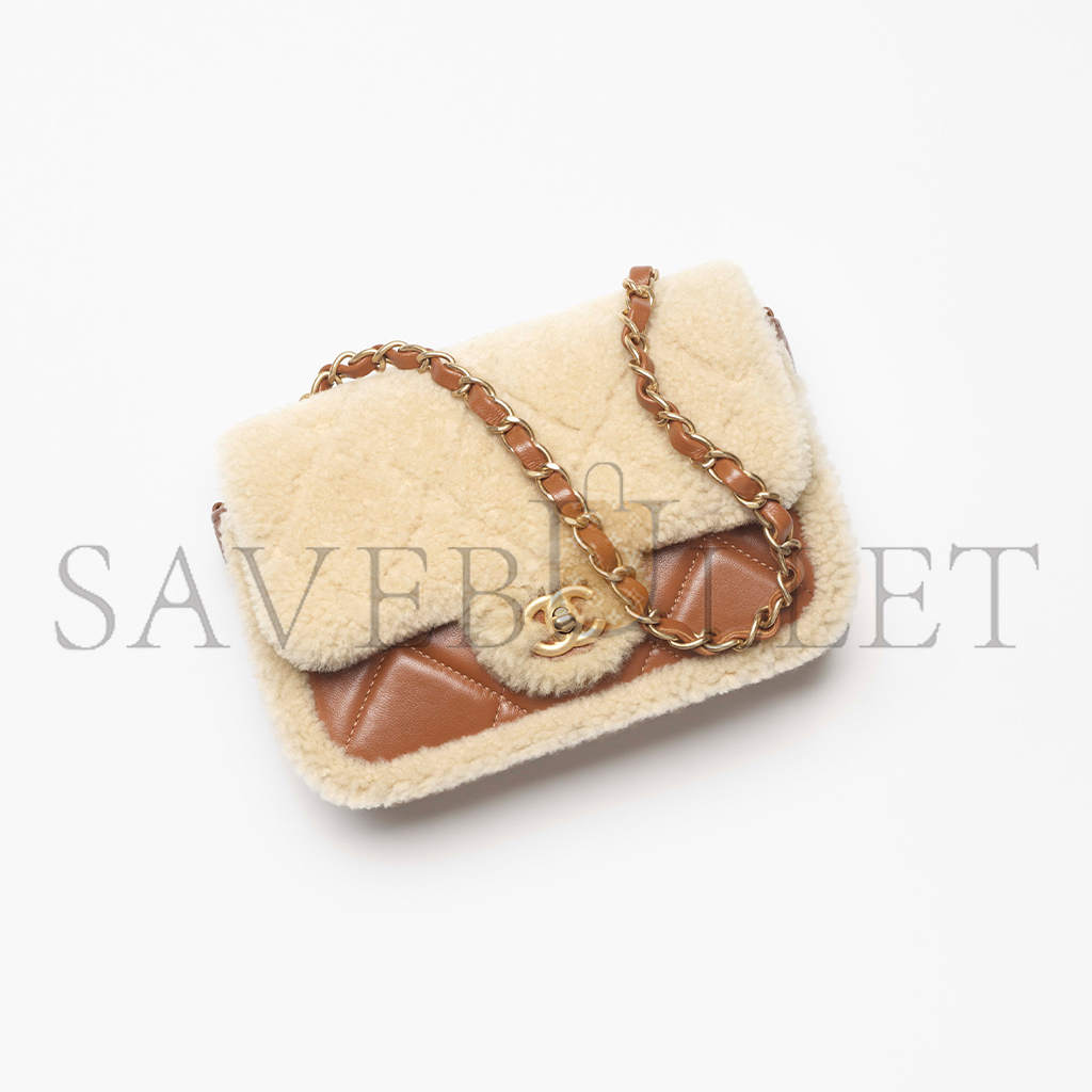 Ch*el shearling lambskin & gold-tone metal flap bag as5149 (23.5*16*7.5cm)